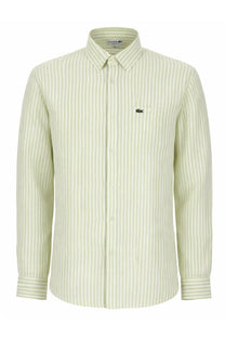 Lacoste men’s camicia con green long-sleeved button-down shirt with pale green and white stripes and black crocodile logo
