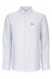 Lacoste men’s camicia con multicolor white and light blue striped long-sleeved shirt with green crocodile logo