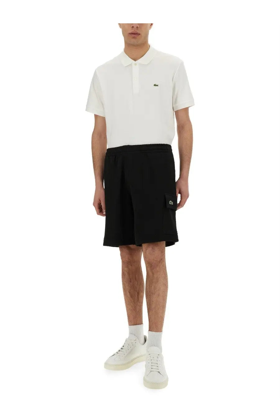 Lacoste men’s black cotton fleece cargo shorts with subtle logo and matching pocket on the left thigh