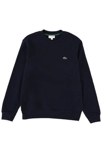 Dark navy blue lacoste men’s fleece crewneck sweatshirt with small embroidered green crocodile logo on left chest