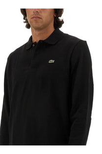 Lacoste men’s black long-sleeved polo shirt with green crocodile logo on chest in cotton material