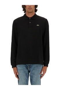 Lacoste men’s black long-sleeved polo shirt with green embroidered crocodile logo on left chest for casual wear