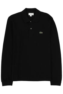 Lacoste men’s black long-sleeved polo shirt with green crocodile logo and silver buttons on the left chest