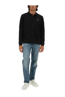 Lacoste men’s black long-sleeved polo shirt with subtle embroidered logo on chest made from soft cotton
