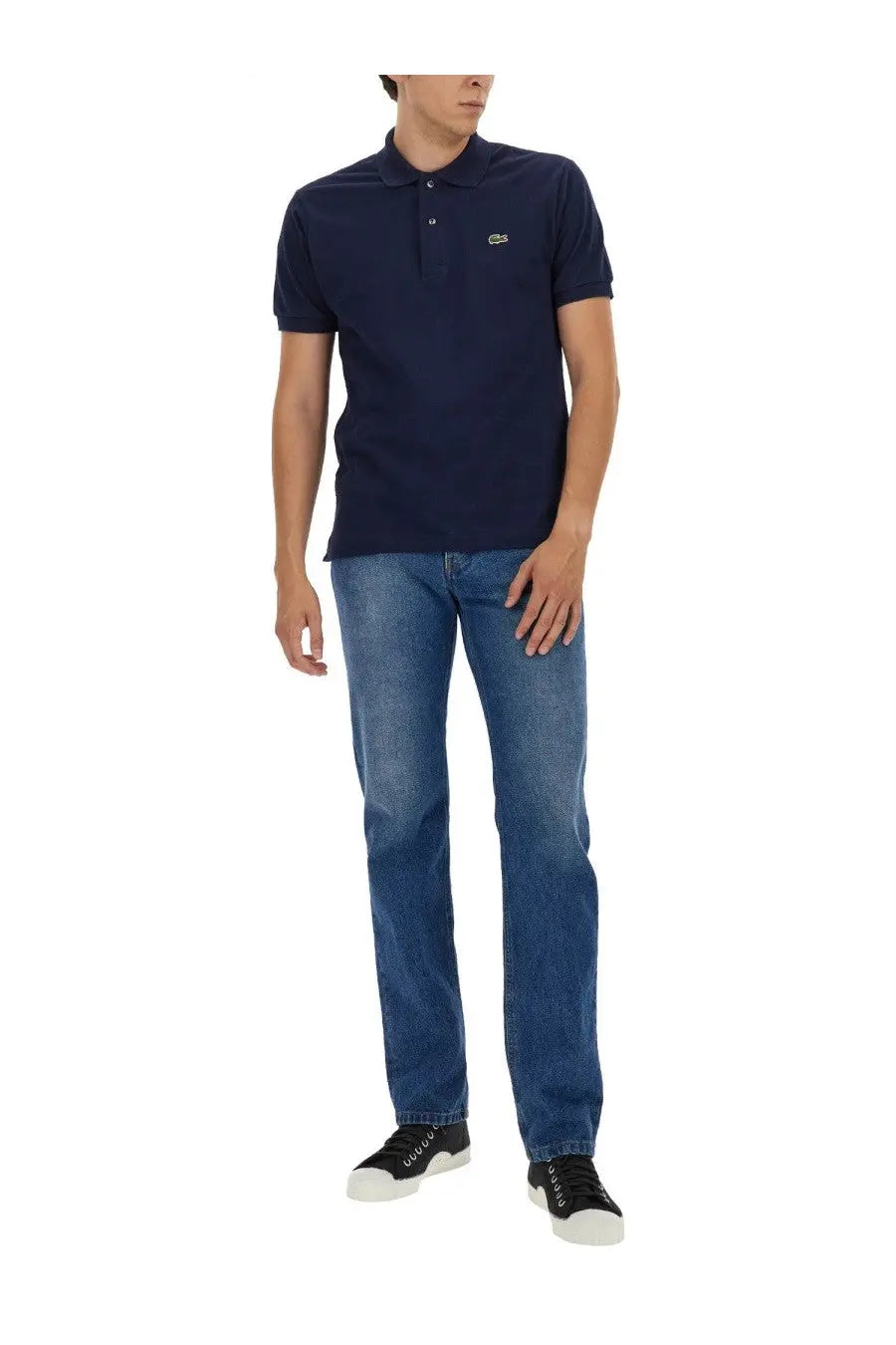 Navy blue Lacoste men’s polo shirt with small green crocodile logo on left chest, made of soft breathable cotton