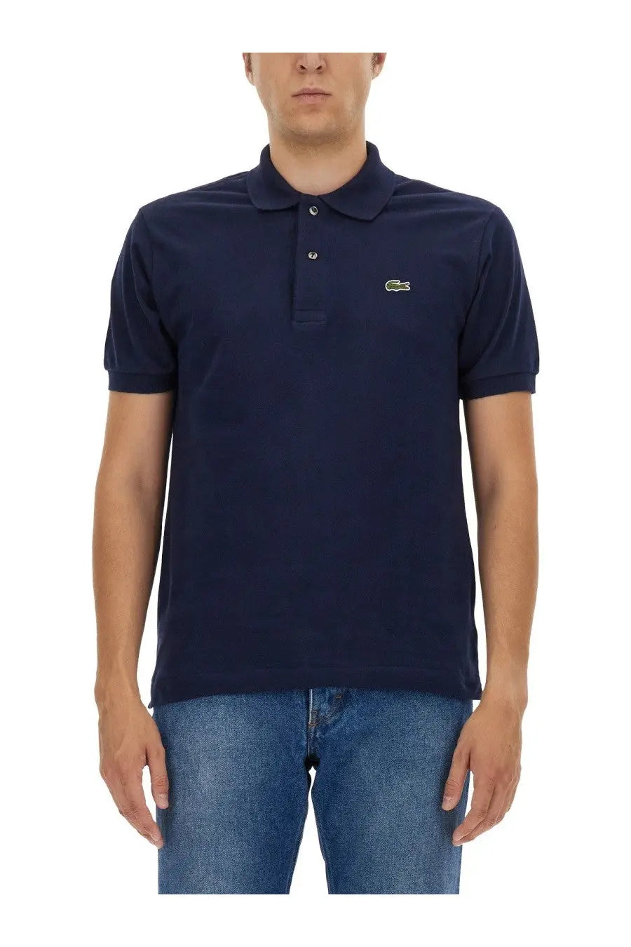 Lacoste men’s navy blue polo shirt with a small green crocodile logo on the left chest in cotton fabric