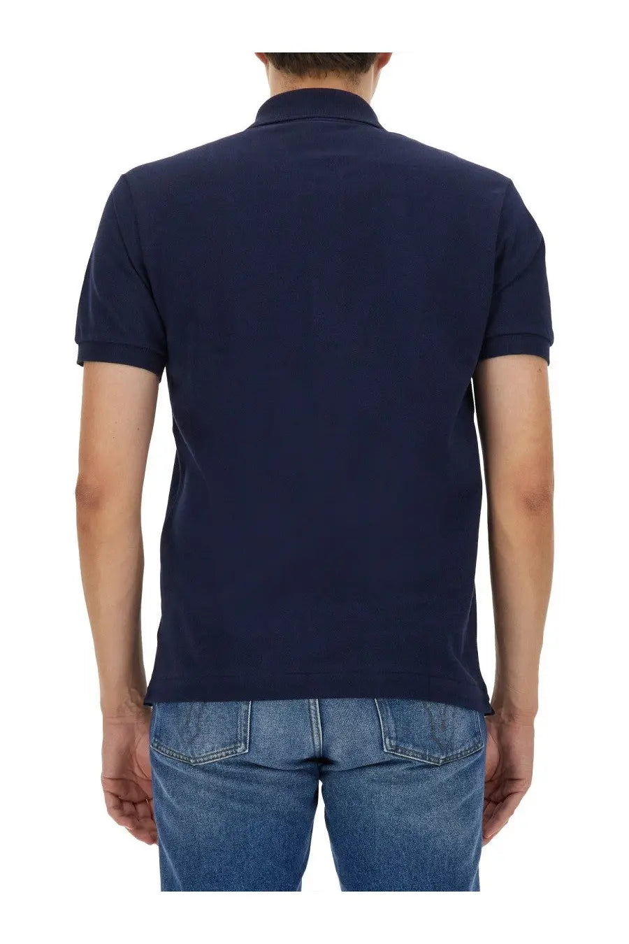 Navy blue short-sleeved cotton polo shirt for men by Lacoste suitable for casual and semi-formal wear