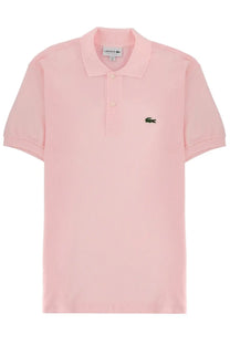 Lacoste men’s polo blue soft pink shirt with classic collar short sleeves and green crocodile logo on left chest