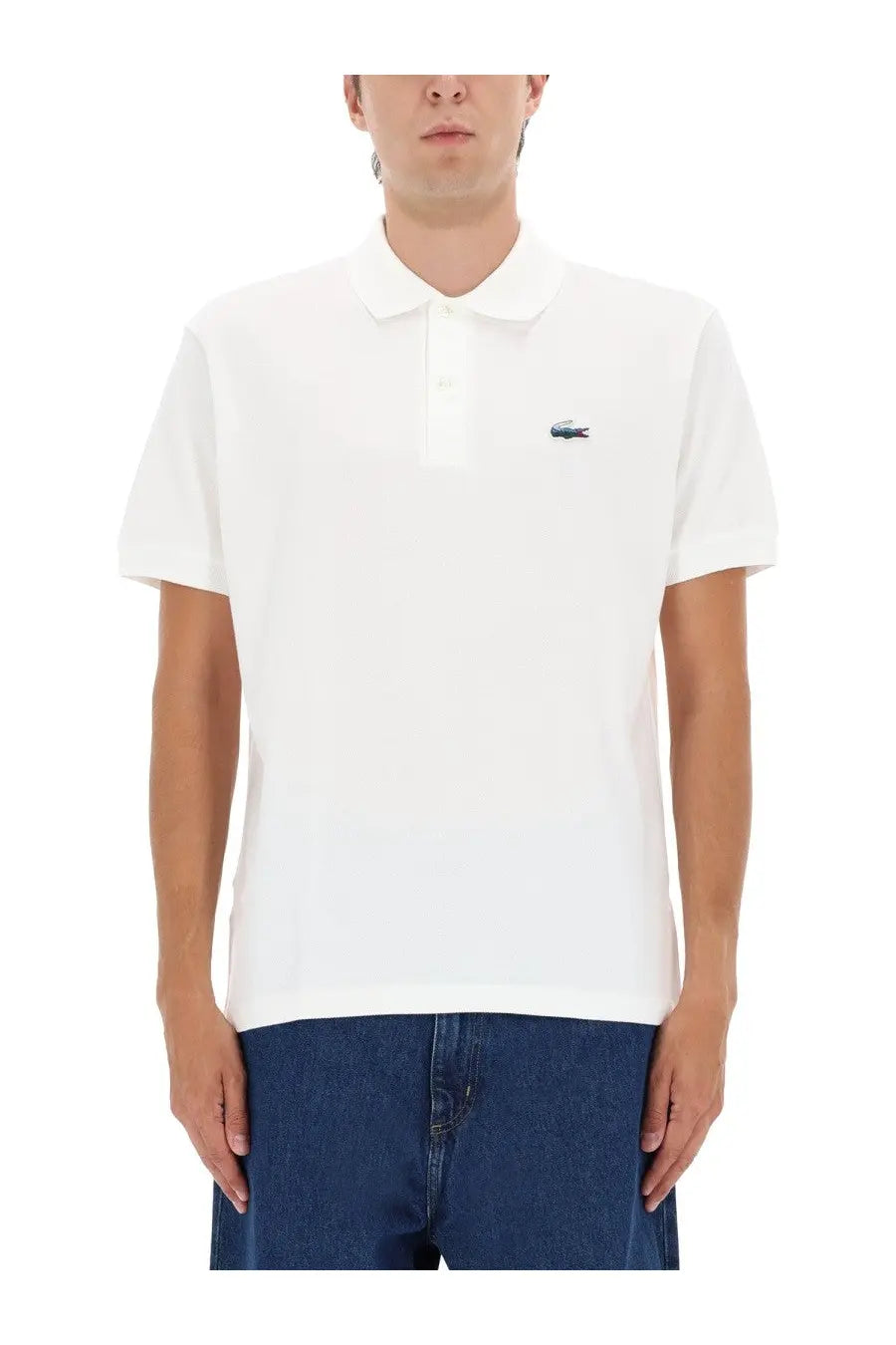 Lacoste men’s white cotton polo shirt with small embroidered crocodile logo on the left chest