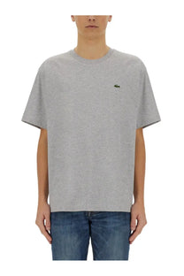 Lacoste men’s grey heathered cotton t-shirt with small green embroidered crocodile logo on the left chest