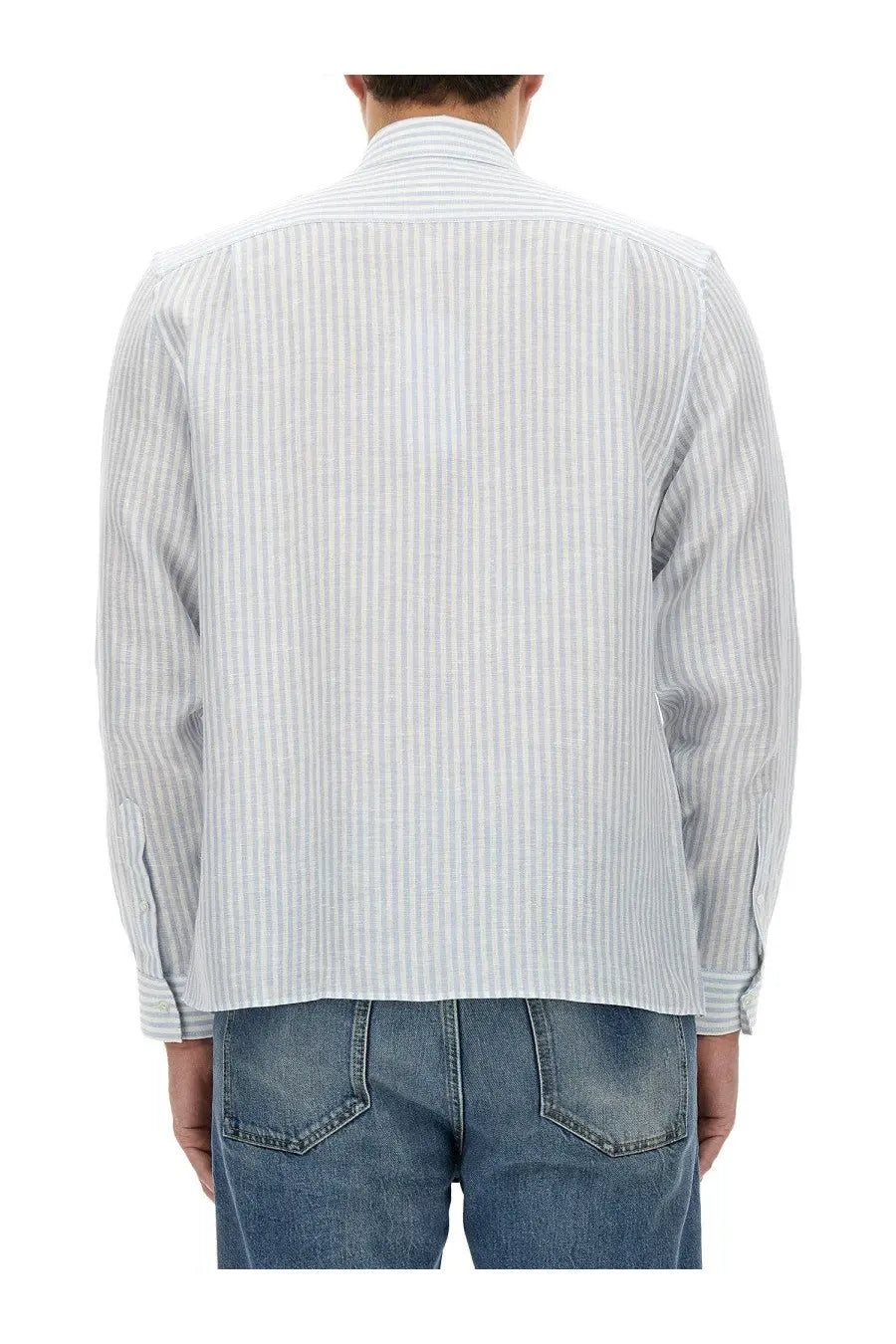 Lacoste men’s light blue and white striped long-sleeved button-up shirt with classic collar for casual wear