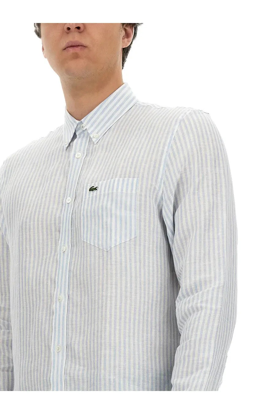 Lacoste men’s light blue and white striped long-sleeve cotton shirt with chest pocket and crocodile logo
