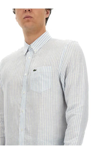 Lacoste men’s light blue and white striped long-sleeve cotton shirt with chest pocket and crocodile logo