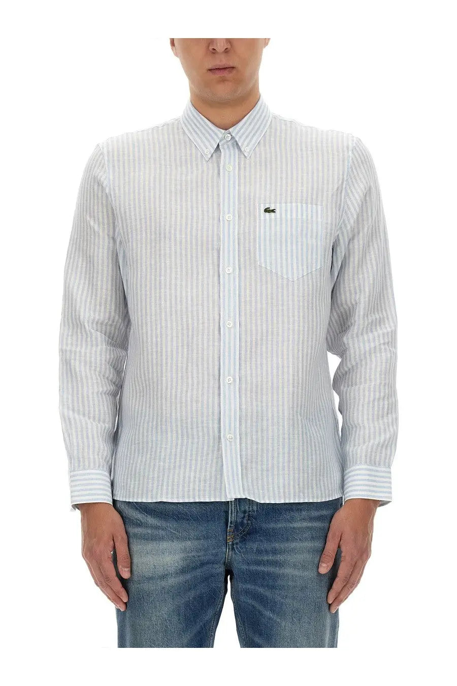 Lacoste men’s light blue and white striped long-sleeve button-down shirt with green crocodile logo on chest pocket