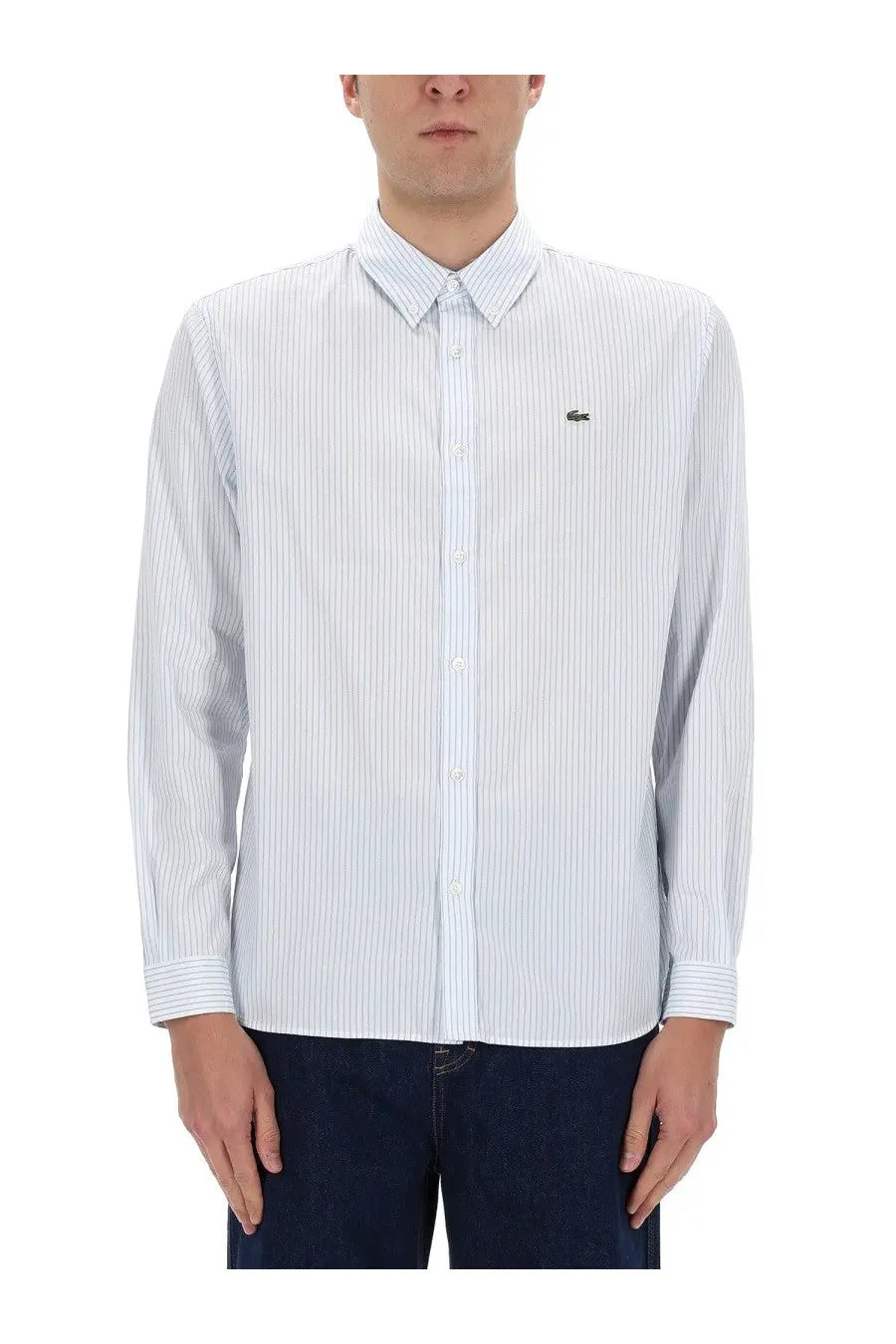 Lacoste men’s white crisp long sleeve pinstripe shirt with classic collar and green crocodile logo on chest