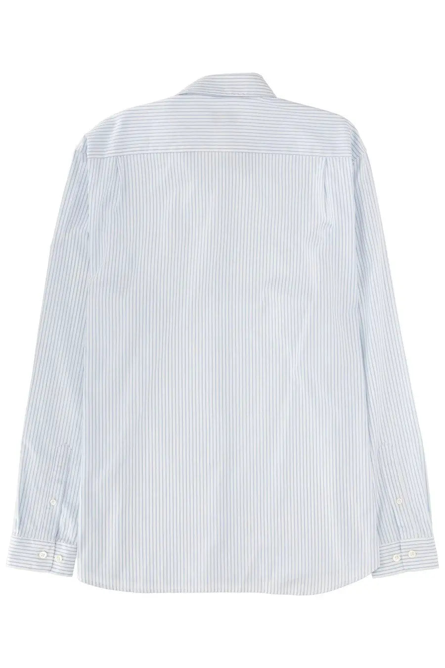 Lacoste men’s white shirt with crisp white and light blue vertical stripes and a classic collar long sleeves
