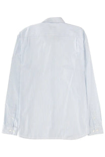Lacoste men’s white shirt with crisp white and light blue vertical stripes and a classic collar long sleeves
