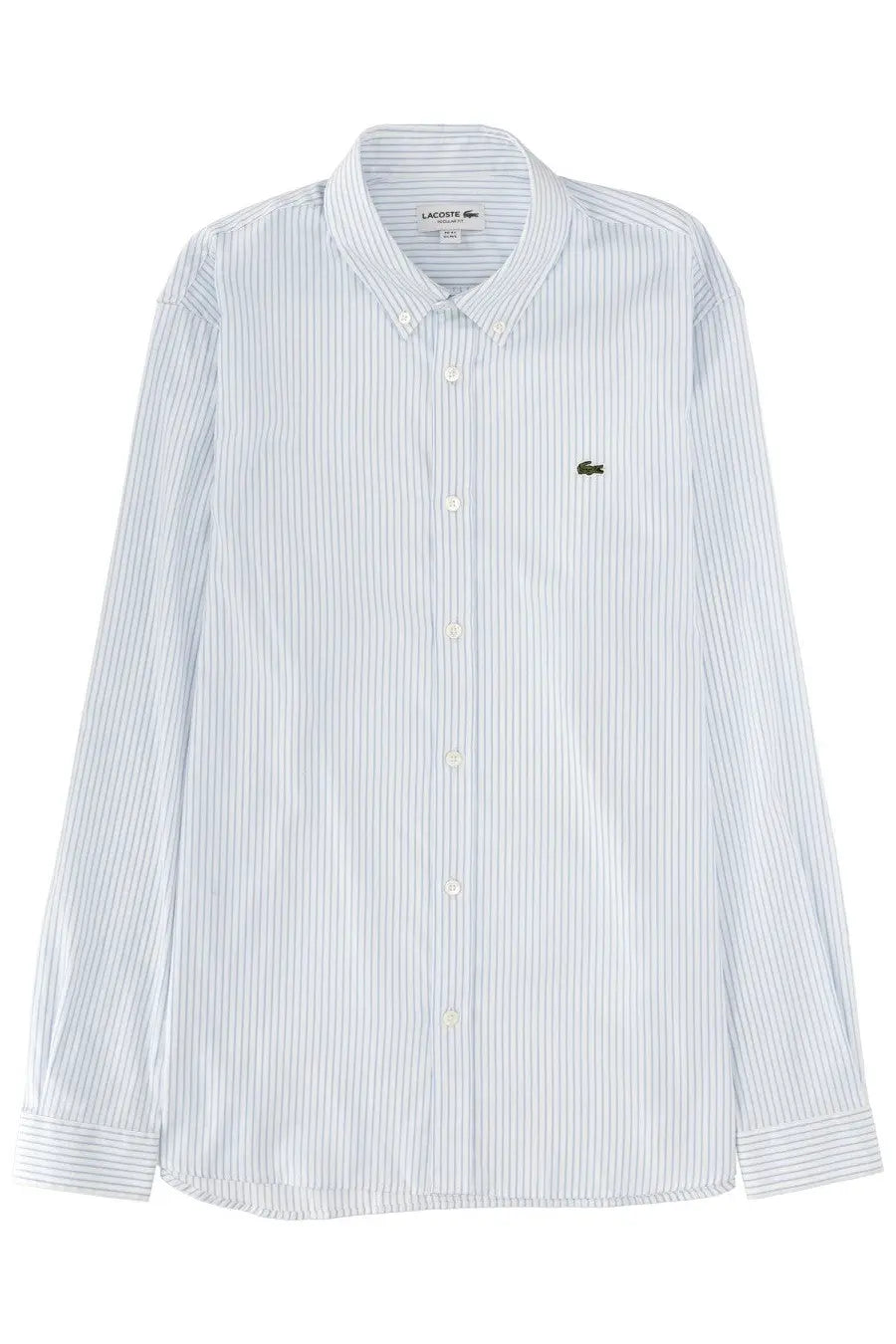 Lacoste men’s white shirt with light blue vertical stripes and green crocodile logo on left chest with classic collar
