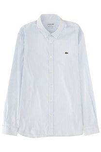 Lacoste men’s white shirt with light blue vertical stripes and green crocodile logo on left chest with classic collar