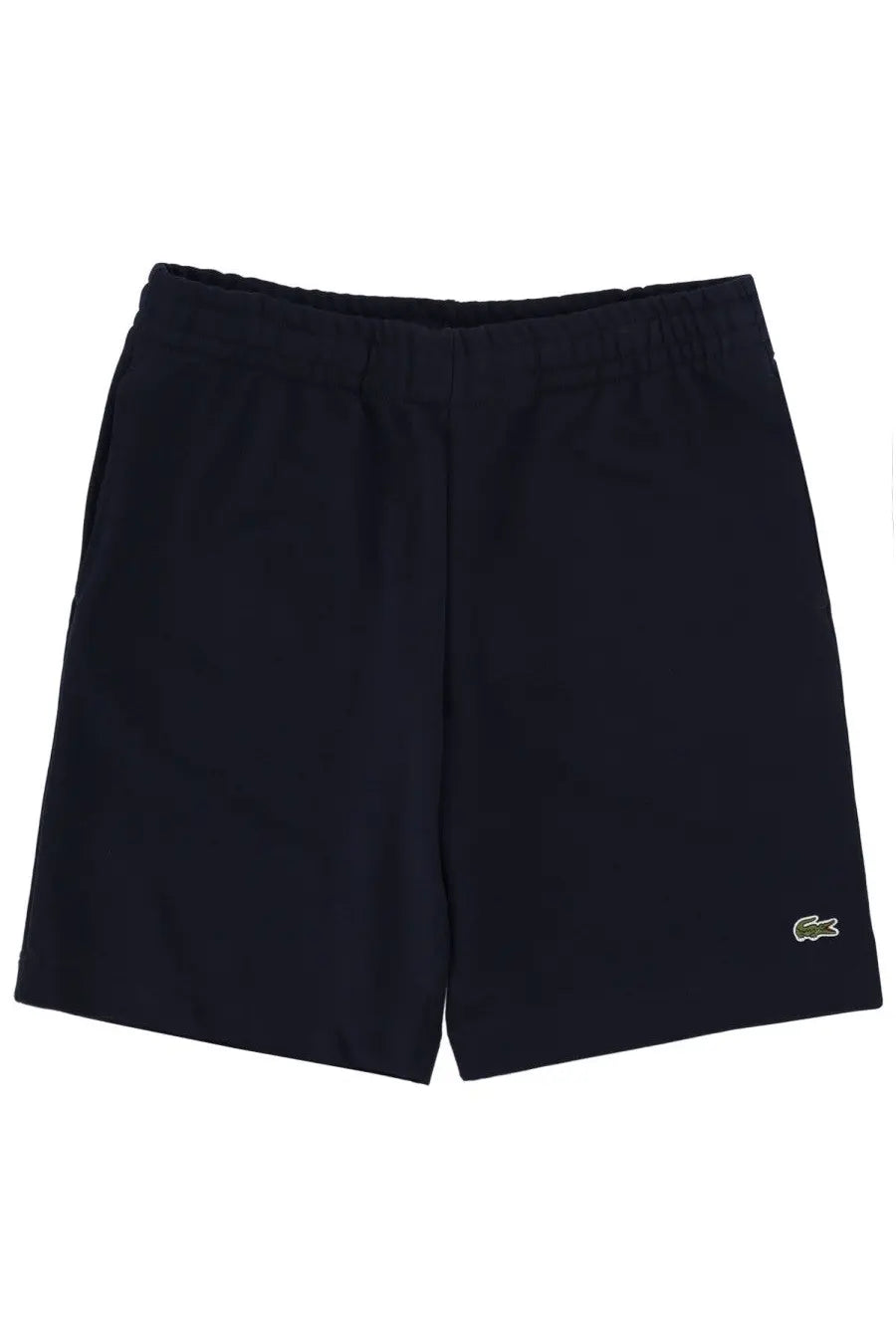 Black lacoste men’s shorts featuring a subtle green crocodile logo on the lower right leg for casual wear