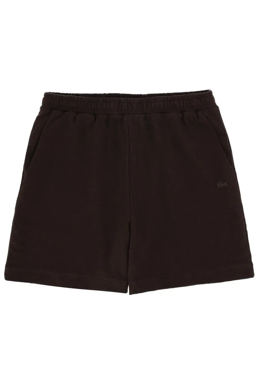 Lacoste men’s black cotone con brown sweat shorts with subtle embroidered logo on the left leg
