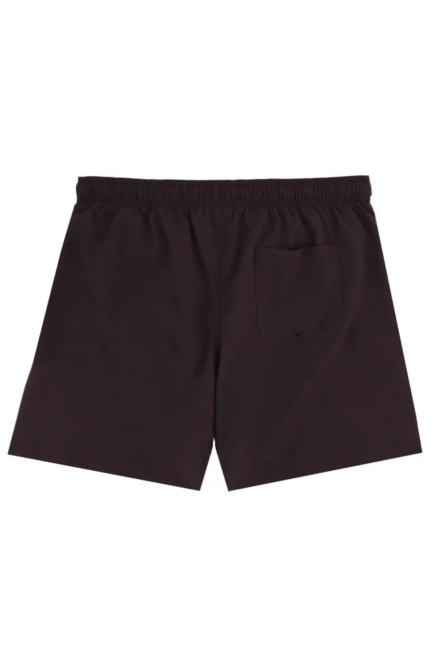 Back view of lacoste men’s brown swimsuit swim trunks with black elastic waistband and single back pocket