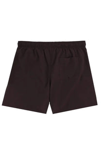 Back view of lacoste men’s brown swimsuit swim trunks with black elastic waistband and single back pocket