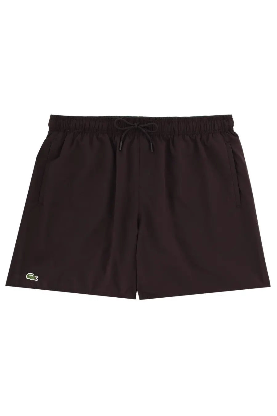 Lacoste men’s black swim trunks with green crocodile logo on lower left leg for swimming and beach use