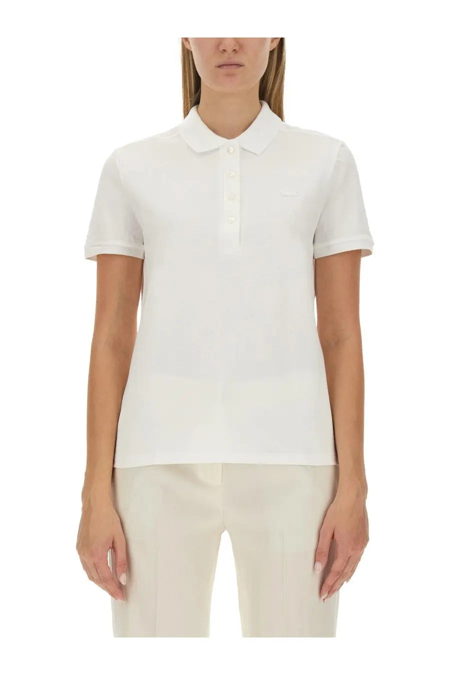 Lacoste women’s white short-sleeved polo shirt with classic collar and button placket in breathable cotton