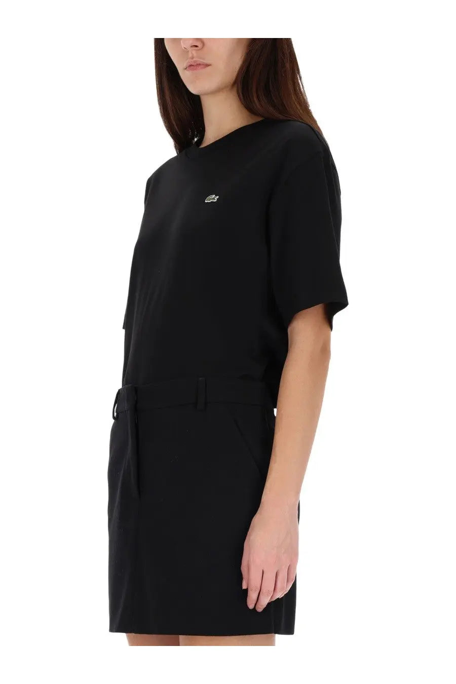 Lacoste women’s black short-sleeved dress with subtle embroidered logo on chest and side pockets made from soft fabric
