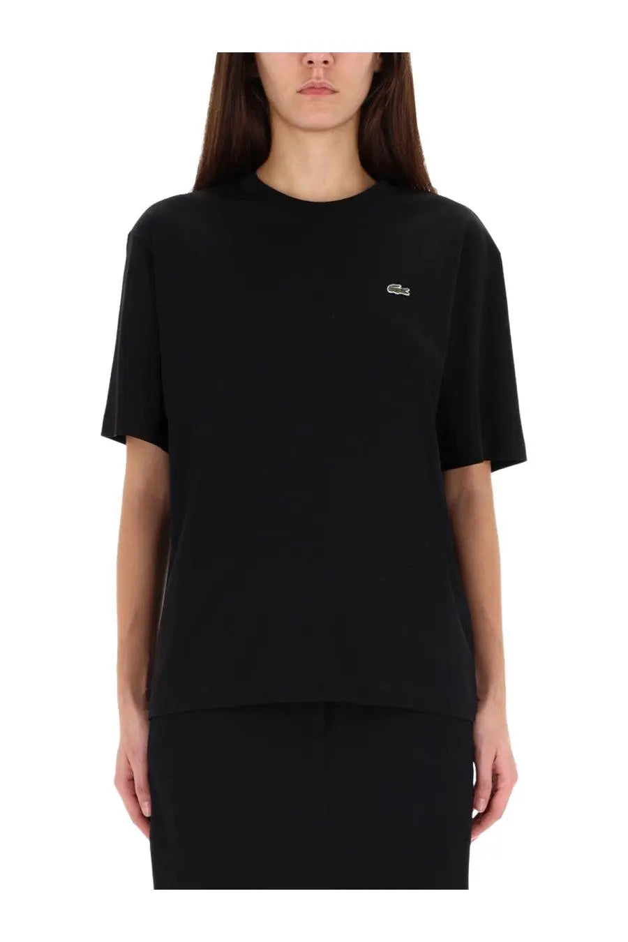 Lacoste women’s black short-sleeved cotton t-shirt with small embroidered crocodile logo on the left chest