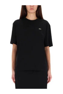 Lacoste women’s black short-sleeved cotton t-shirt with small embroidered crocodile logo on the left chest