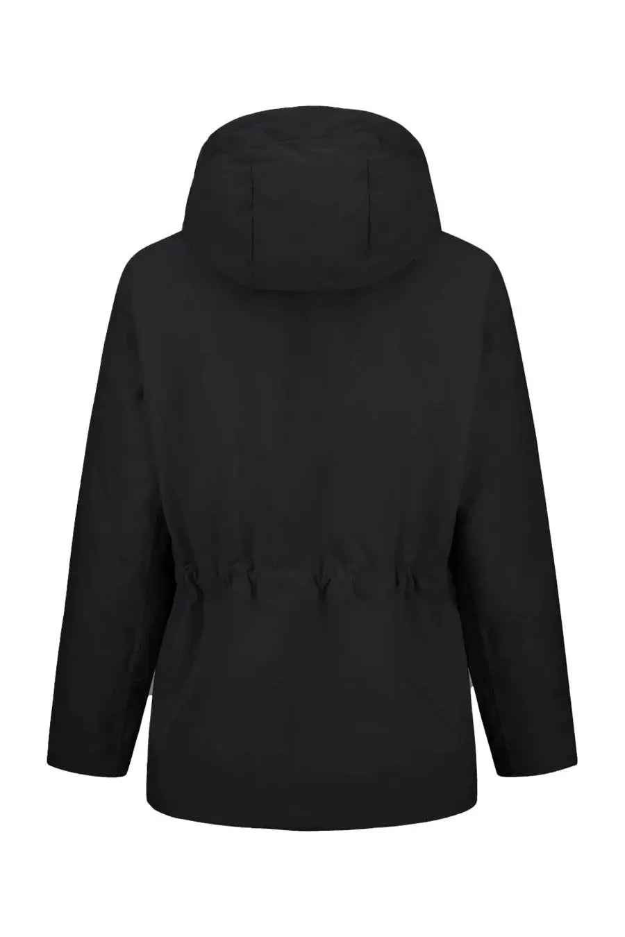 Laminar men’s crinkle metallic parka black with a black hooded jacket and drawstring waistband front view