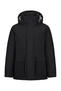 Laminar men’s crinkle metallic parka black puffer jacket with hood lined in reflective silver and two front patch pockets