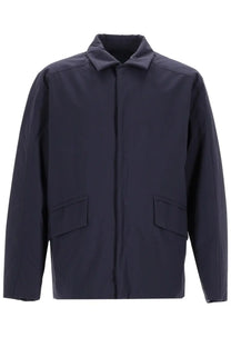 Laminar men’s giacca dark navy blue minimalist jacket with structured collar two front patch pockets in 2l gore tex blue