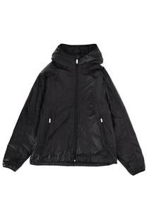 Laminar men’s black hooded puffer jacket with shiny lightweight nylon finish and subtle reflective zipper pulls
