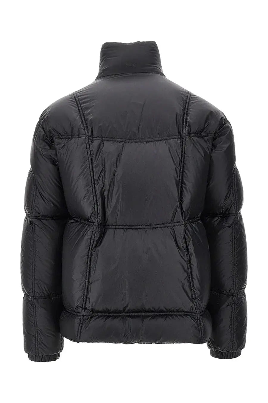 Black laminar men’s padded jacket with quilted panels and high collar in a warm puffer design