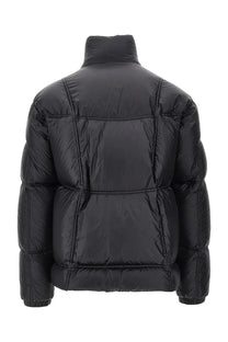 Black laminar men’s padded jacket with quilted panels and high collar in a warm puffer design