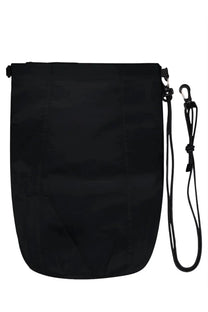 Black laminar men’s taffeta drawstring bag with adjustable strap and carabiner clip for versatile use