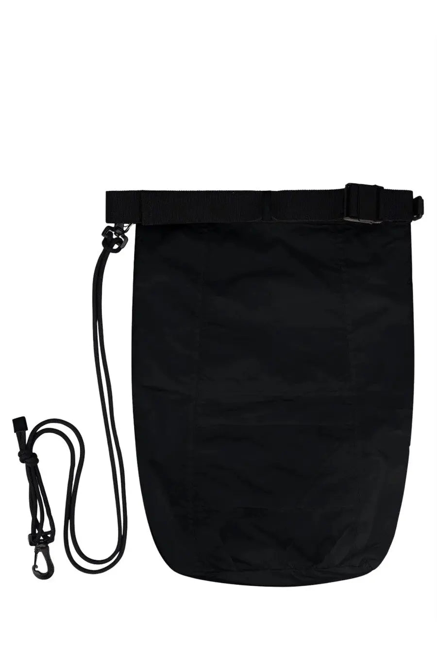 Black nylon drawstring laminar men’s taffeta bag with adjustable strap and carabiner clip