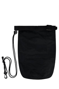 Black nylon drawstring laminar men’s taffeta bag with adjustable strap and carabiner clip