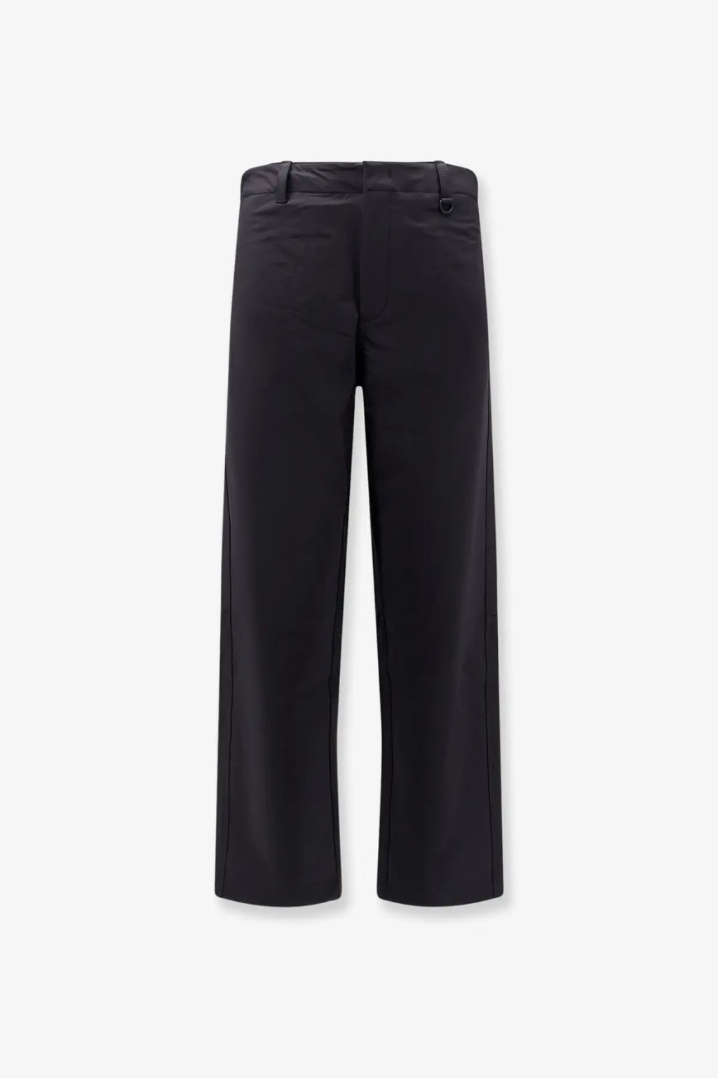Black laminar men’s technical fabric wide-leg trousers with sleek modern cut and subtle side seam detailing