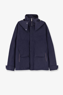 Laminar men’s waterproof jacket in dark navy blue with hood, sleek modern design, and two large front pockets