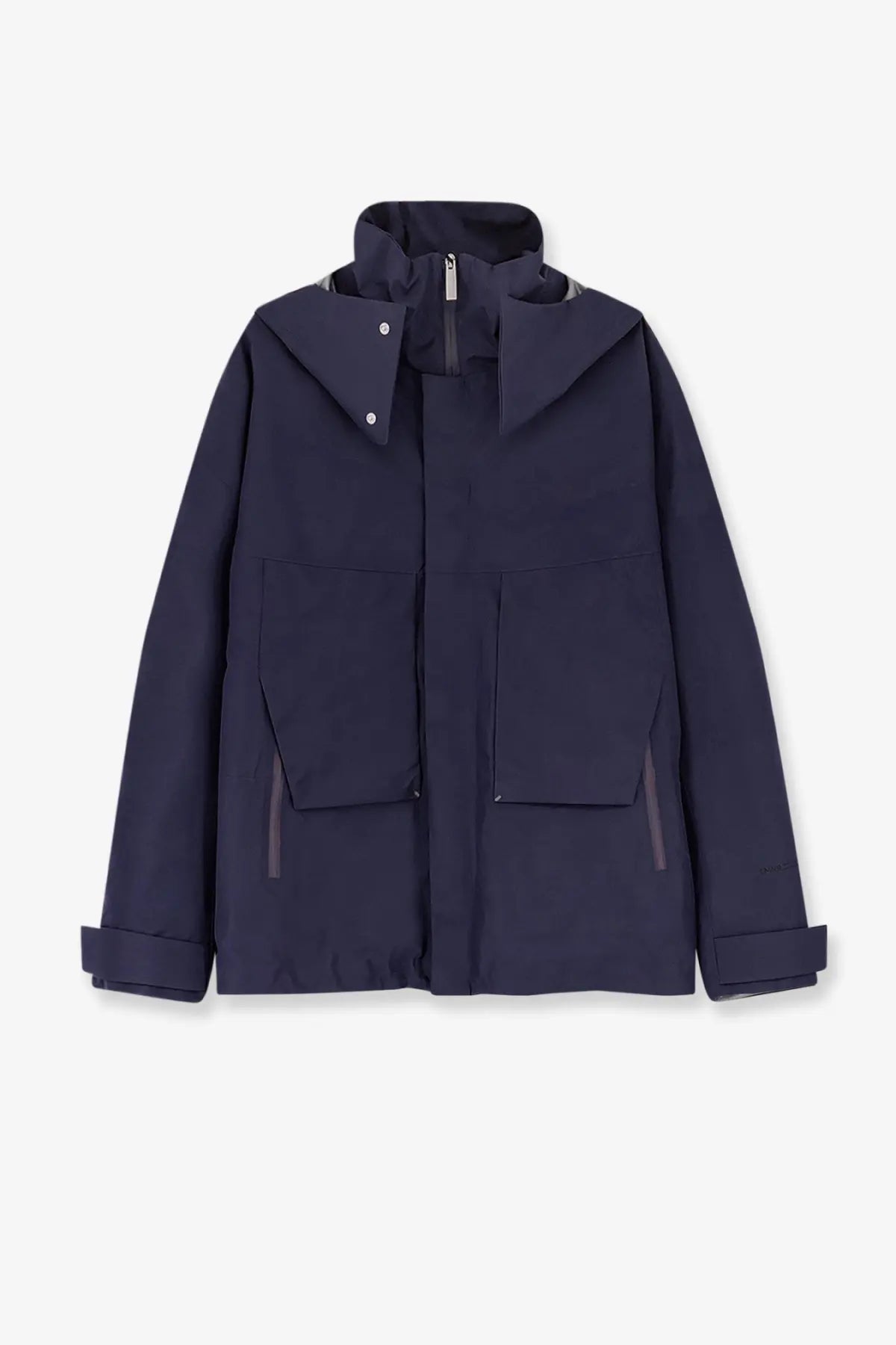 Laminar men’s waterproof jacket black in dark navy blue with hood, sleek modern design, and two large front pockets