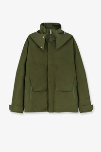 Laminar men’s olive green waterproof jacket with high collar, two large front pockets, and adjustable cuffs