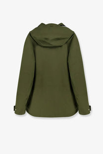 Laminar men’s waterproof olive green hooded jacket with sleek design and adjustable cuffs for outdoor use