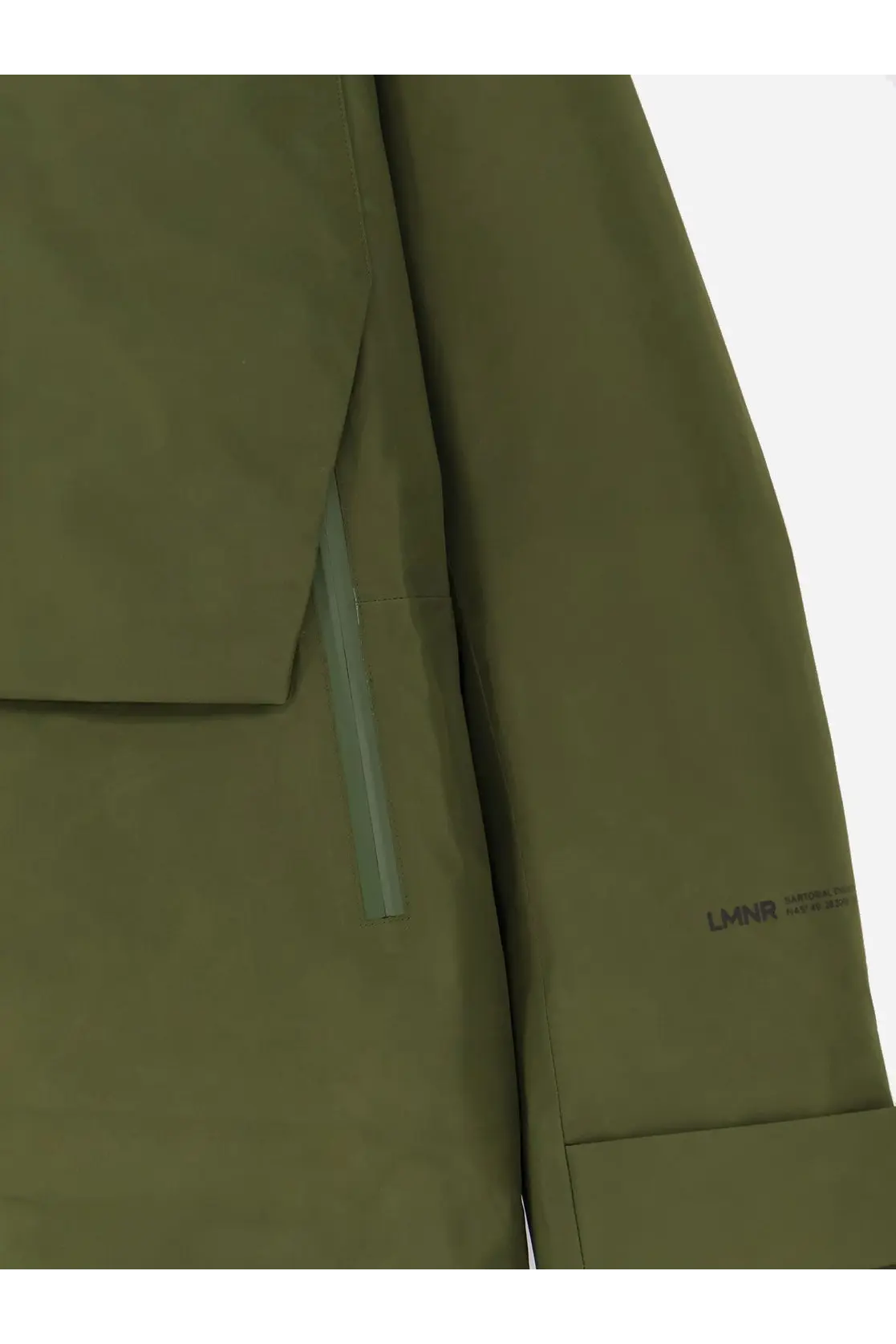 Laminar men’s waterproof olive green tactical jacket with subtle zipper pull and branded logo on sleeve