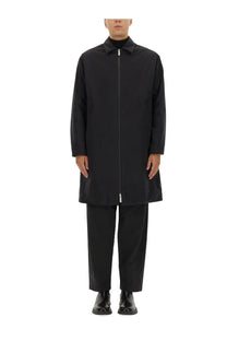 Laminar men’s waterproof two layer goretex black trench coat with central zipper and collar
