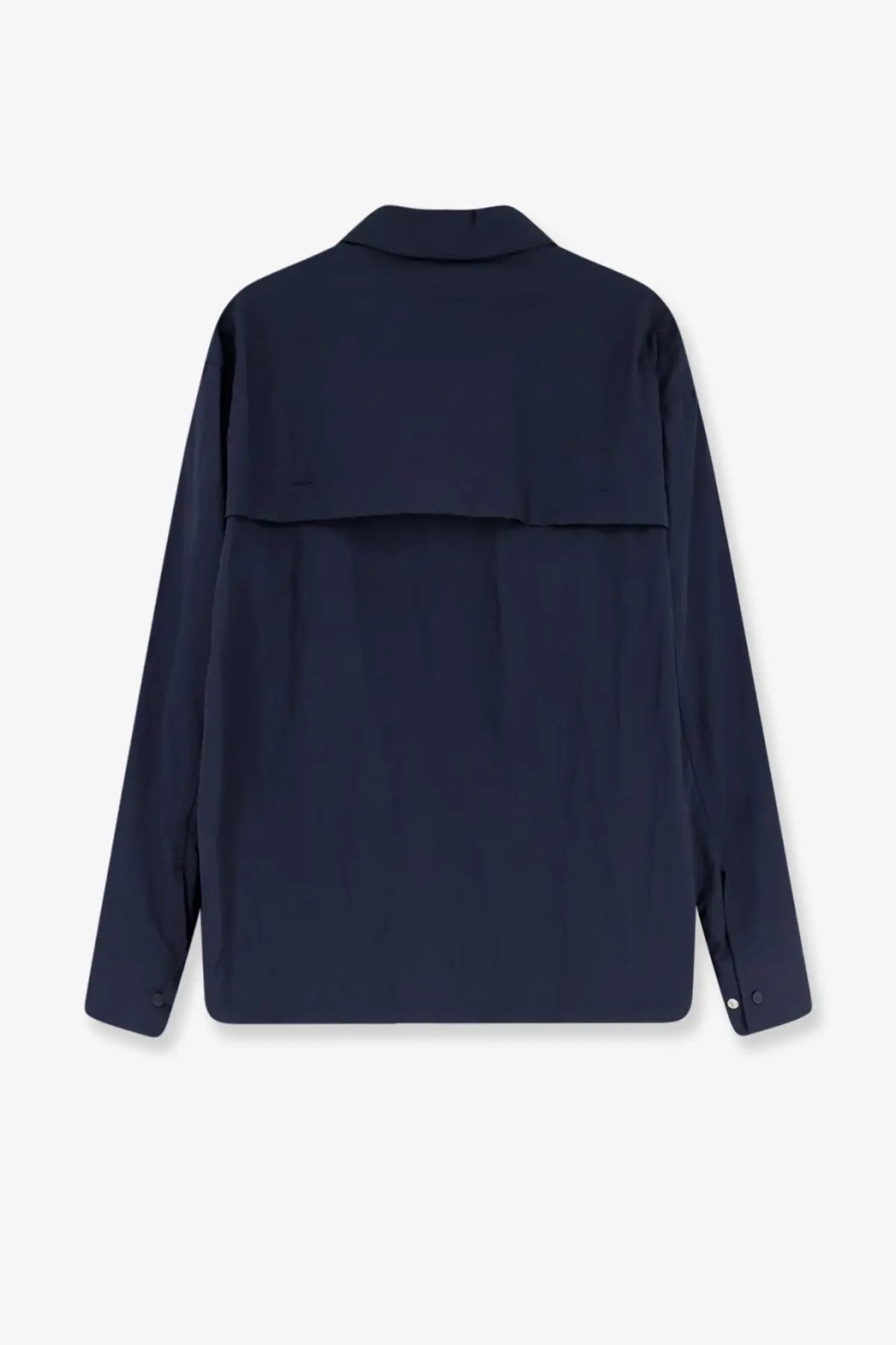 Navy blue laminar men’s wrinkled nylon jacket with long sleeves structured collar and subtle seam detail