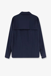 Navy blue laminar men’s wrinkled nylon jacket with long sleeves structured collar and subtle seam detail